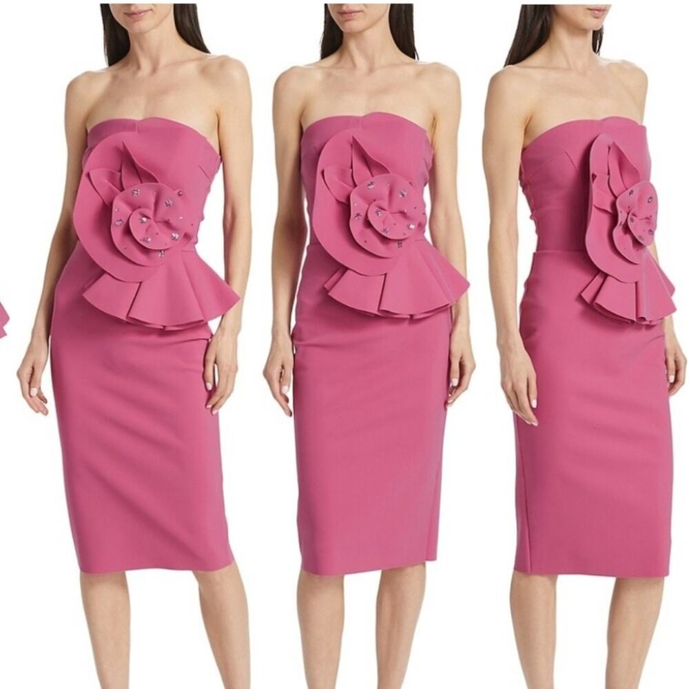 NWT$795 Chiara Boni Hebe Pink Flower Strapless Pencil Midi-Dress Sz 50 (US 14)